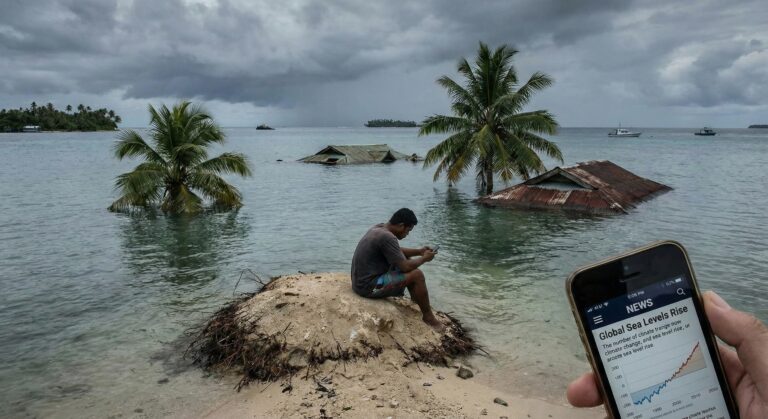 Imagem gerada por inteligência artificial mostra tela de celular em primeiro plano, no canto inferior direito, com homem sentado sobre um banco de areia, em segundo plano, com copas de árvores e telhados de casas acima do nível da água em local inundado pelo mar.