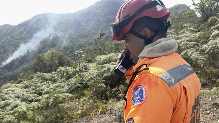 No canto direito da foto, um homem com uniforme de combate ao fogo, macacão e capacete do corpo de Bombeiros de Minas Gerais, fala ao rádio. Ao fundo uma encosta da Serra do Brigadeiro, de mata verde, são vistas colunas de fumaça saindo de dentro da vegetação.